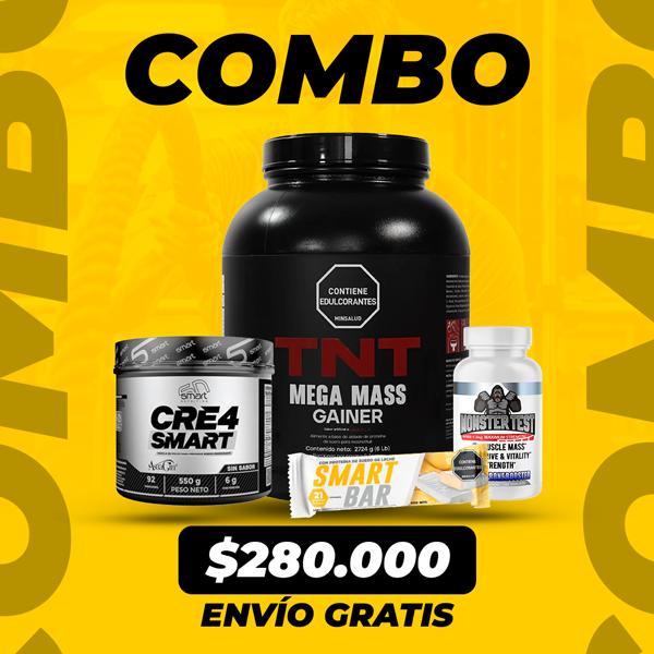 TNT MEGA MASS 6LB + CRE4 SMART 92 SERV SIN SABOR + MONSTER TEST 120 CAPS + SMART BAR