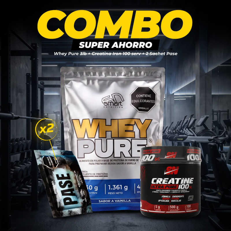 COMBO WHEY PURE 3LB + CREATINA IRON 100 SERV + 2 SACHETS PASE