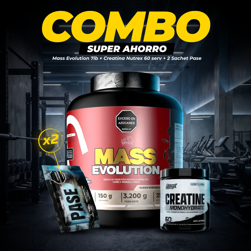 COMBO MASS EVOLUTION 7LB + CREATINA NUTREX 60 SERV + 2 SACHETS PASE