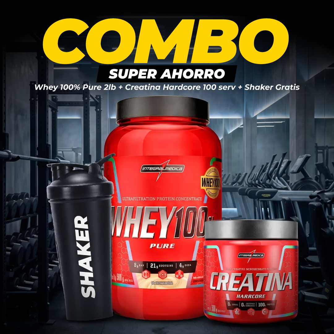 COMBO WHEY 100% PURE + CREATINA HARDCORE 100 SERV + SHAKER